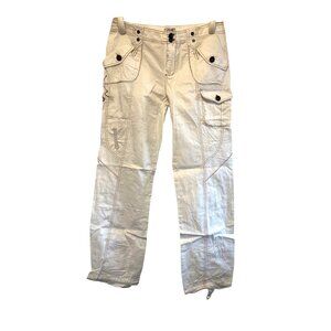 White Cargo Pants With White Stitching & Floral Beading